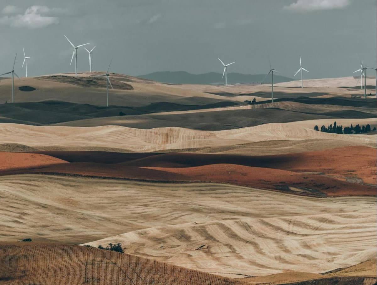 A panoramic view of rolling, textured hills with patches of brown and gold, dotted with wind turbines under a cloudy sky.