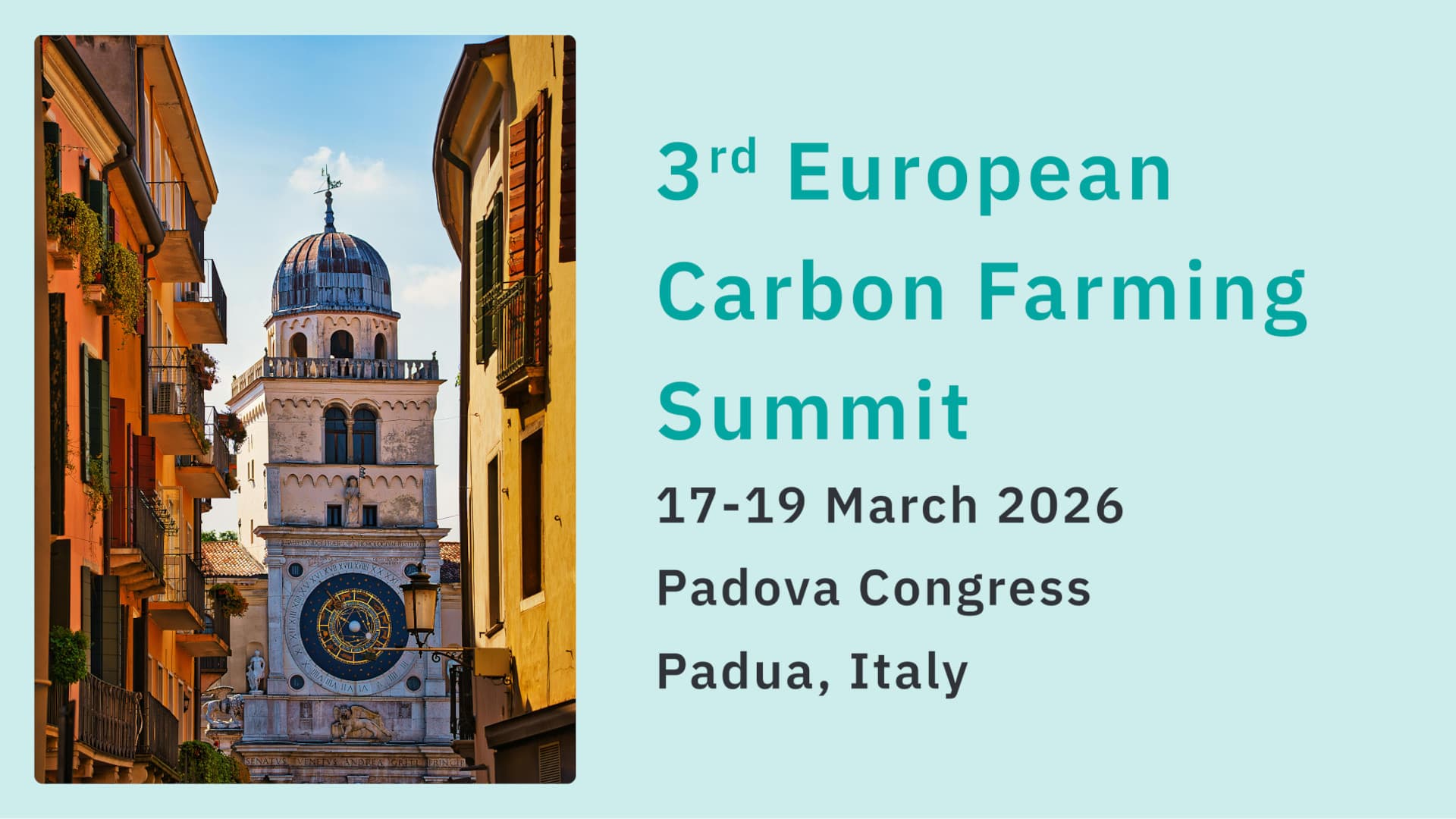 Poster for the 3rd European Carbon Farming Summit featuring event details and a green-themed design.